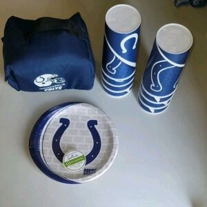 Indy Colts Paper Dinner Plates Pkg of 8 New, Plastic Cups 8 & Sm Insulated Bag